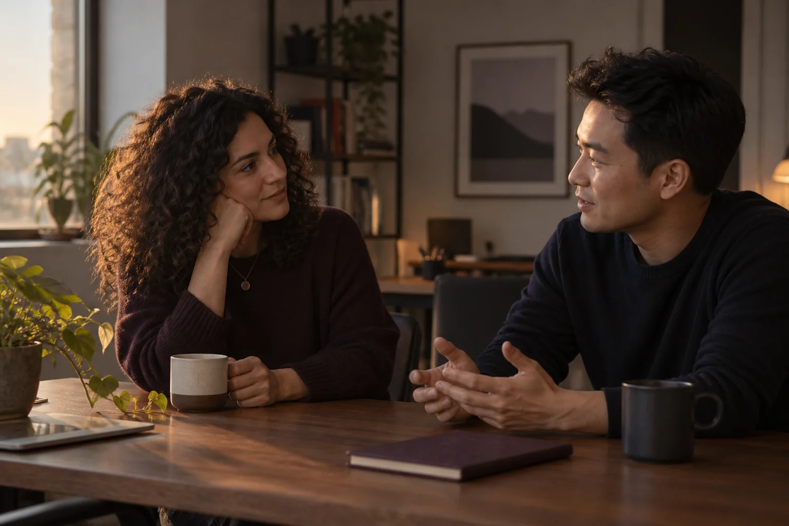 An illustrative office scene of two colleagues talking over a notebook.