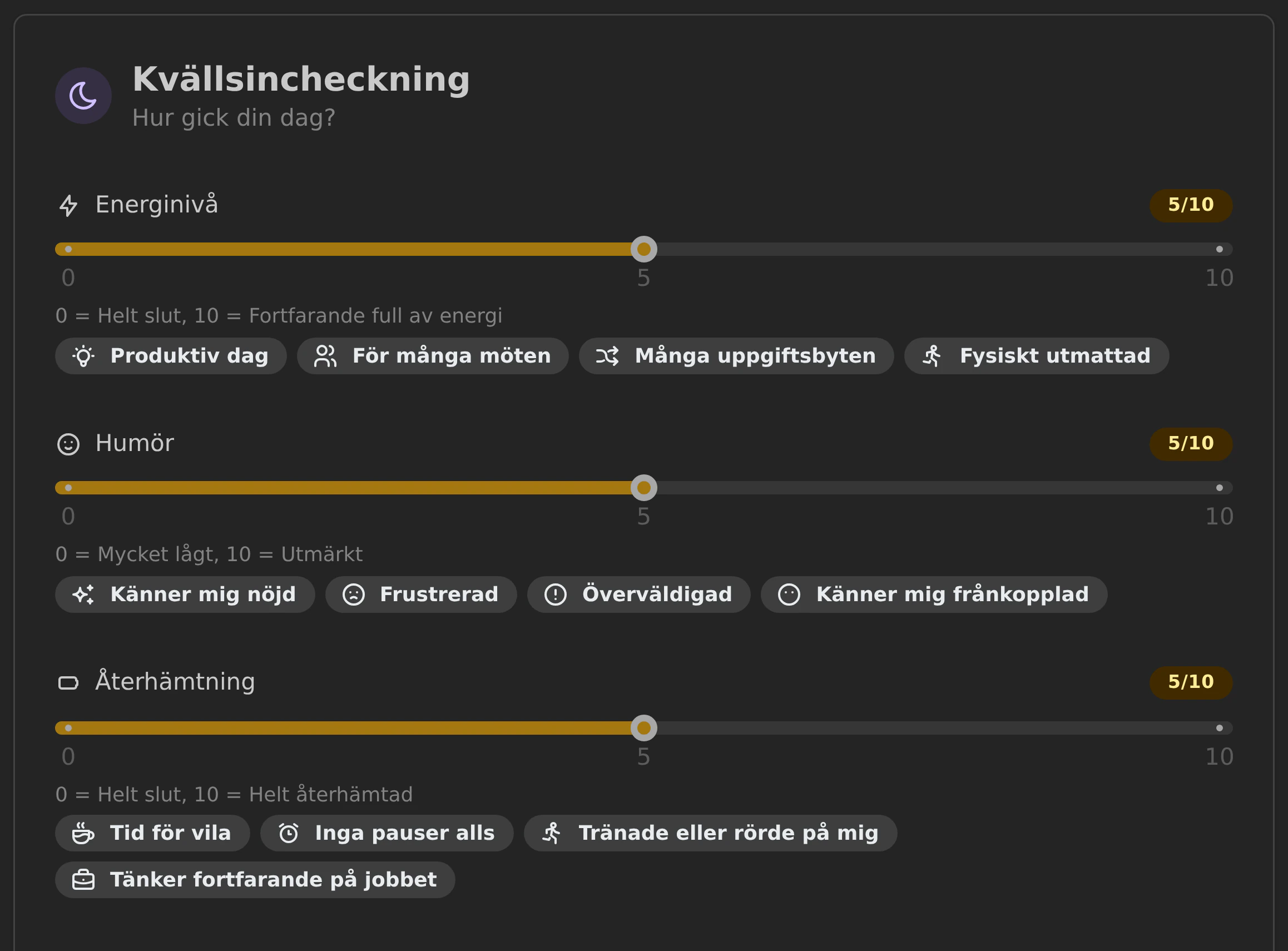 Incheckningen i BurnoutZero på en mobil: energi, humör och sömn.
